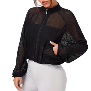 Mùa Hè Dây Kéo Crop Cá <span class=keywords><strong>Net</strong></span> T Áo Sơ Mi Áo Khoác Của Phụ Nữ Giản Dị Chạy Dài Tay Áo Đứng Cổ Áo Lưới Áo Khoác Áo Sơ Mi Cô Gái - Product Image 6