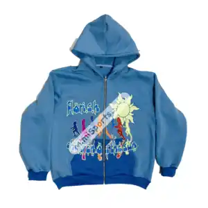 Jaket hoodie ritsleting biru langit populer Sweatshirt terry Perancis katun gambar cetak Puff hoodie cuci asam hijau Neon