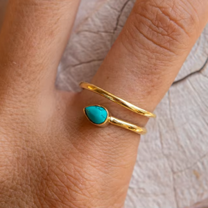 Fabriqué à la main bague réglable Standard argent plaqué or Turquoise poire forme gemmes 5X7MM lunette ensemble pour cadeau d'anniversaire - Product Image 1