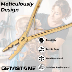 เครื่องมือหนีบต่อผมแบบ 2 รู สำหรับลูกปัดไมโคร ขนาด 7 นิ้ว ทำจากสแตนเลสสีทอง ปากแบน ทนทาน ใช้ซ้ำได้ สำหรับติดและถอด - Product Image 5