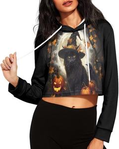 เสื้อครอปมีฮู้ดแขนยาวของผู้หญิงเสื้อครอปเอวลอยเสื้อฮู้ดการออกกำลังกายมีเชือกรูด - Product Image 1