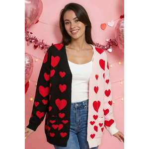 เสื้อคลุมคาร์ดิแกนลายหัวใจสองสีสไตล์ลำลองสำหรับฤดูใบไม้ร่วง แขนยาวครึ่งแขน ทำจากผ้าขนสัตว์และแคชเมียร์ ตกแต่งด้วยกระดุมแบบทอ - Product Image 1