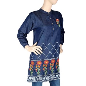 Kurti en denim brodé pour femmes - Bleu - Product Image 1