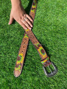 New Arrival Genuine Leather Western Hand <b>Tooled</b> and Hand Painted Floral <b>Belts</b> Real Handmade <b>Tooled</b> Leather Unisex Waist <b>Belts</b> - Product Image 2