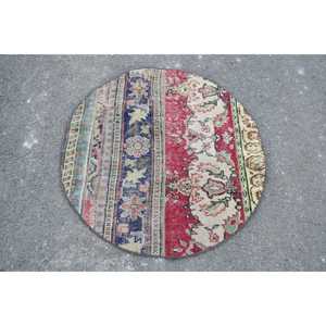 Vintage Round Rug 3.3x3.3 ft, Turkish <b>Red</b> Bordered <b>Wool</b> Rug - Product Image 1