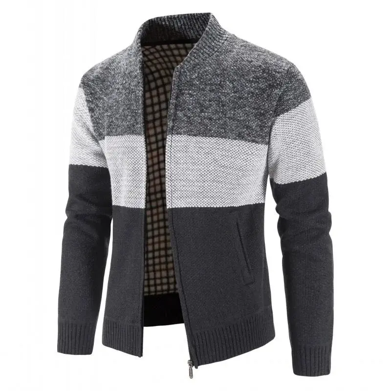 Veste chaude d'hiver à fermeture éclair rayée tricotée cardigan à blocs de couleur pour hommes manteau pour hommes à la mode pour hommes