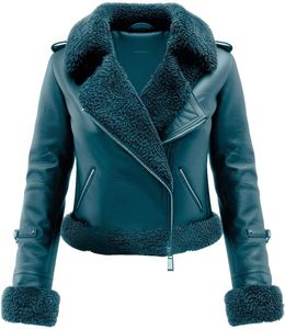 Veste en cuir aviateur en peau de mouton véritable bleu océan avec col en fausse fourrure Sherpa Shearling 100% cuir de mouton véritable - Product Image 3