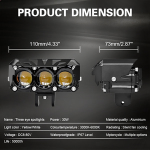 Phare de moto à 3 LED 60W en aluminium blanc et jaune, faisceau haut/bas, avec ventilateur - Product Image 2