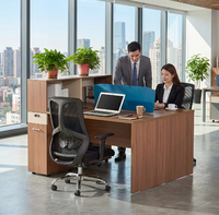 Poste de travail moderne en noyer pour 2 personnes avec armoire de rangement, écran d'intimité bleu, bureau d'ordinateur minimaliste en bois, table de personnel SYH01-12