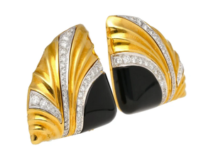 ต่างหูเพชรรูปทรงเรขาคณิตโอนิกซ์และเพชรธรรมชาติทำจากยาง18K สีเหลืองทองและทองคำขาวสำหรับผู้หญิง - Product Image 5