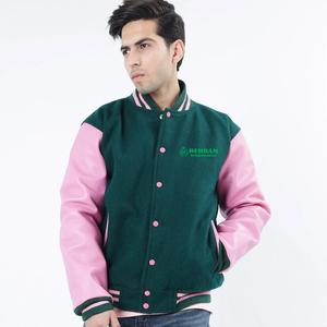 Veste universitaire homme color block vert rose à col montant boutonnée style baseball Letterman pour couple - Product Image 1