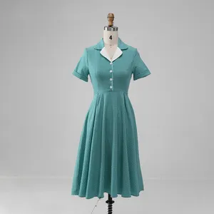 复古风格A线拉链短袖女式派对礼服复古v领绿色白色格子20世纪50年代女士正式长舞会礼服