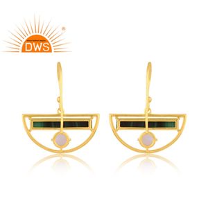 Último diseño hecho a mano 18K chapado en oro malaquita y Arco Iris Luna piedra colgante pendiente Demi joyería fina fabricante - Product Image 4