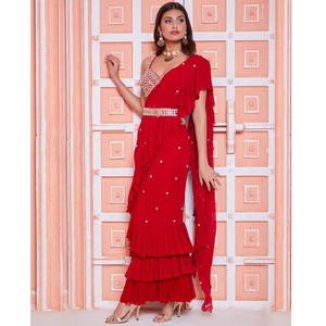 Designer Red Color Faux Georgette Moti Work With Embroidery Work Belt Three Layer Ruffle Saree For Women Evening Party