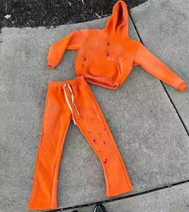 Streetwear pour hommes broderie personnalisée peinture éponge française sweats à capuche lavés à l'acide pantalons de survêtement évasés survêtements hommes - Product Image 4