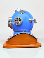 Casque de plongée vintage en laiton bleu ciel, objet décoratif |   Casque de plongée antique pour les profondeurs marines