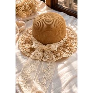Sombrero Panamá con Estampado de Camello y Detalle Floral de Tul Bordado a Mano, Sombrero de Playa Flexible de Paja Natural y Papel - Product Image 1