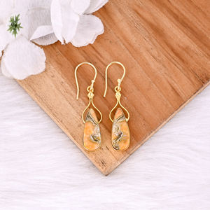 Dernières ventes de boucles d'oreilles pendantes en jaspe abeille naturel plaqué or jaune laiton, fabricant de bijoux sur mesure - Product Image 2