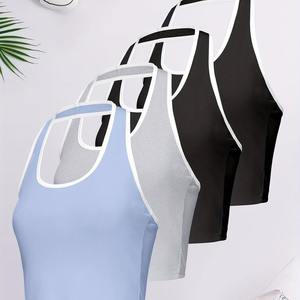 Paquete de 4 camisetas sin mangas de Color sólido con estampado de logotipo personalizado para mujer, talla XS, cuello Halter, chaleco informal para gimnasio, Yoga, tela tejida con ribete en contraste - Product Image 3