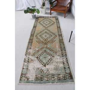 Vintage 3.3x8.6 ft <b>Runner</b> <b>Rug</b>, Turkish <b>Rug</b>, Brown Check <b>Rug</b> - Product Image 1