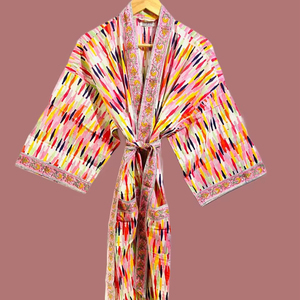 ชุดคลุมกิโมโนผ้าฝ้ายพิมพ์ลายบล็อกสีสันสดใสสำหรับผู้หญิง ชุดคลุมอินเดีย น้ำหนักเบา ชุดคลุมอาบน้ำ - Product Image 1