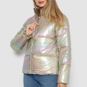 เสื้อแจ็กเก็ตแบบมีซิปคอตตอน/โพลีเอสเตอร์คอตตอนสีเบจแขนยาวทรงพอดีตัวปกติทำจากโลหะเงาวาวระบายอากาศได้ดี - Product Image 2