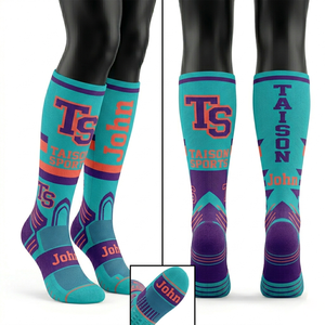 Premium breathable knitted <b>polyester</b> spandex women cheer leading <b>socks</b> teal orange panel design custom jacquard logo men <b>socks</b> - Product Image 1