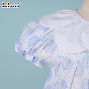 ODM OEM 100% Mamelucos de algodón para bebés Calabaza azul Apliques de festoneado Manga corta Cierre de botón a presión Verano Invierno Calabaza azul - Product Image 3