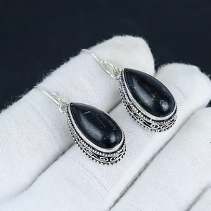 Pear Shape Black Copper <b>Turquoise</b> Gemstone 925 Sterling Silver Handmade Designer Dangle <b>Earrings</b> Wholesale Suppliers India - Product Image 2