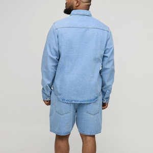 2025 nouveauté été décontracté hommes grande taille solide Denim respirant survêtement personnalisé brodé Logo 2 pièces chemise ensemble court - Product Image 4