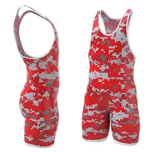 OEM Manufacturing Customized Logo Design Gripper Elastic Legs Cool Pattern Red Fabric Wrestling Singlets