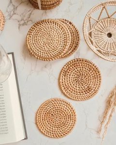 Handwoven Rattan Round Coasters with Holder Pottery Insulated Heat Woven <b>Placemats</b> Eco-Friendly Coaster <b>Set</b> - Product Image 5