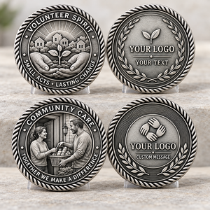 Pièces commémoratives personnalisées pour les bénévoles et les services communautaires, finition argent antique, double face, cadeaux caritatifs OEM ODM - Product Image 1