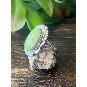Navajo-Made <b>Boho</b> Style <b>Ring</b> with Australian Gaspeite & Sterling <b>Silver</b> Size 8.75 Cut Turquoise & Opal for Everyday Wear - Product Image 4