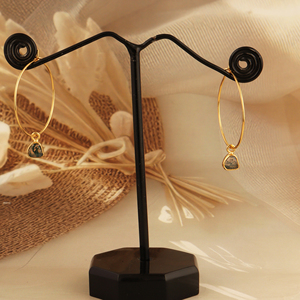 Natural moss agate gemstone <b>hoop</b> earrings <b>large</b> size <b>hoop</b> handmade earring brass 18k gold plating everyday wear earring - Product Image 4