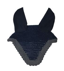Voile anti-mouches bleu en crochet pour cheval, cache-oreilles noirs avec bordure grise, faits main, rembourrés, de haute qualité, bonnet équestre pour l'équitation et l'entraînement - Product Image 1