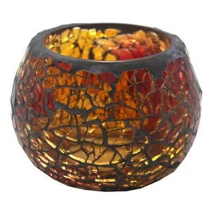 Home Decorative Red Brown Mosaic Glass Votive Candle Holder Candle Jar For Living Room & Tabletop Decoration