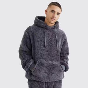 Customized Solid Winter Casual Waterproof Furry <b>Sherpa</b> Beige <b>Hoodie</b> Pocket Design Factory Made Latest Design Embossed Teddy - Product Image 4