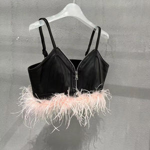 Soutien-gorge en cuir véritable Garni rose Haut soutien U-NECK Simple Plaid Mini Soirée Sexy Vest - Product Image 5