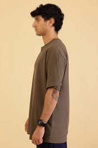 Camiseta de Cuello Redondo de Algodón Grueso para Hombre, de Lujo, Ajuste Holgado, Manga Corta, Color Marrón Sólido, Diseñada para Marcas de Ropa Privadas - Product Image 3