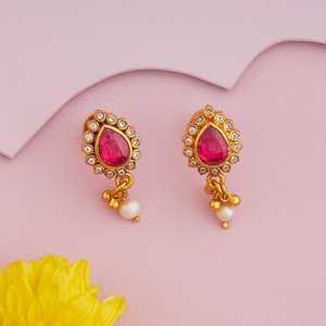 ต่างหูทรงหยดน้ำสไตล์วินเทจประดับทับทิมพร้อมเคลือบสแตนเลส/ทองเหลือง - Product Image 2