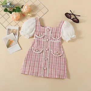 Conyson Children's summer hot sale small fragrance tweed check pearl buckle kids decorative splicing bubble sleeve girls dress