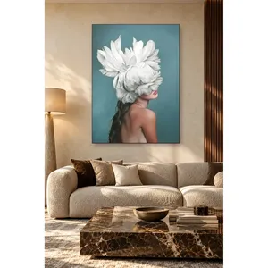 Fida Turquoise Background Woman with White Feather Headdress <b>Canvas</b> Print - Product Image 4