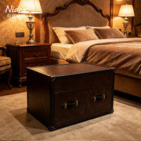 Table basse vintage en cuir marron style coffre, avec 2 tiroirs de rangement et doublure en velours noir, table d'appoint rétro style campagne