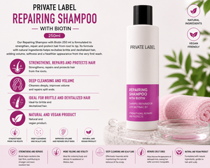Champú Reparador con Biotina de Marca Privada 250ml OEM |   Champú Reparador para Cabello, Fortalecedor y Voluminizador, para Puntas Abiertas |   España UE - Product Image 2