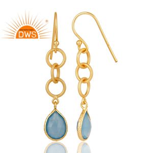 Handmade Design Sterling Silver 18K Gold Plated Natural Blue Chalcedony Gemstone <b>Dangle</b> <b>Earring</b> Demi <b>Fine</b> Jewelry Manufacturer - Product Image 3