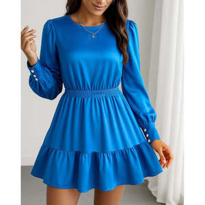 Robe en crêpe importé à manches longues, col rond, taille élastique et volants pour femme, 30089 - Bleu Saks - Product Image 1