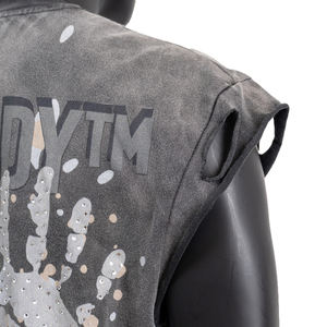 High Quality Diamond Tee Distressed <b>Sleeveless</b> Cropped <b>T</b>-<b>Shirt</b> Custom Acid Wash Rhinestone Print Mens Tee - Product Image 5