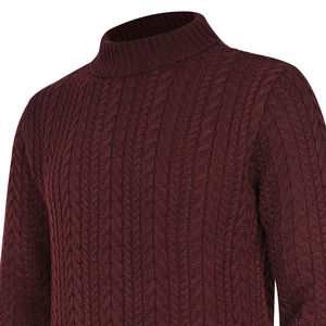 Customizable Men's Maroon <b>Cable</b> <b>Knit</b> High Neck <b>Sweater</b> Solid Pattern Breathable Anti-Wrinkle Anti-Shrink Front Logo 100% Cotton - Product Image 2