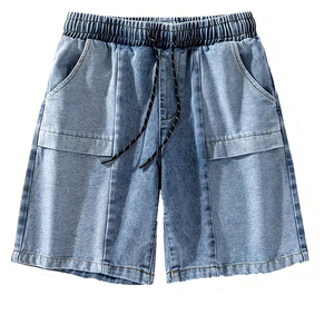 กางเกงยีนส์สำหรับผู้ชายไซส์พิเศษดีไซน์แบบมีกระเป๋ากางเกงขาสั้นสีฟ้าอ่อนกางเกงขาสั้นผ้ายืดเอวสูง - Product Image 1